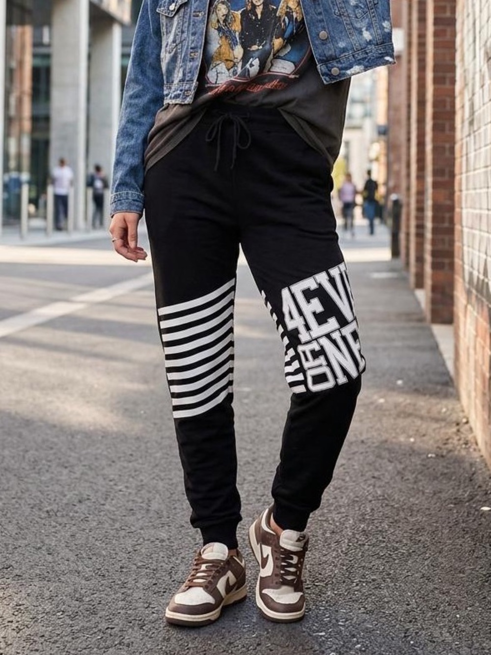 Black Graphic Kids Leggings with White Stripe and Text - Picture 1 of 2